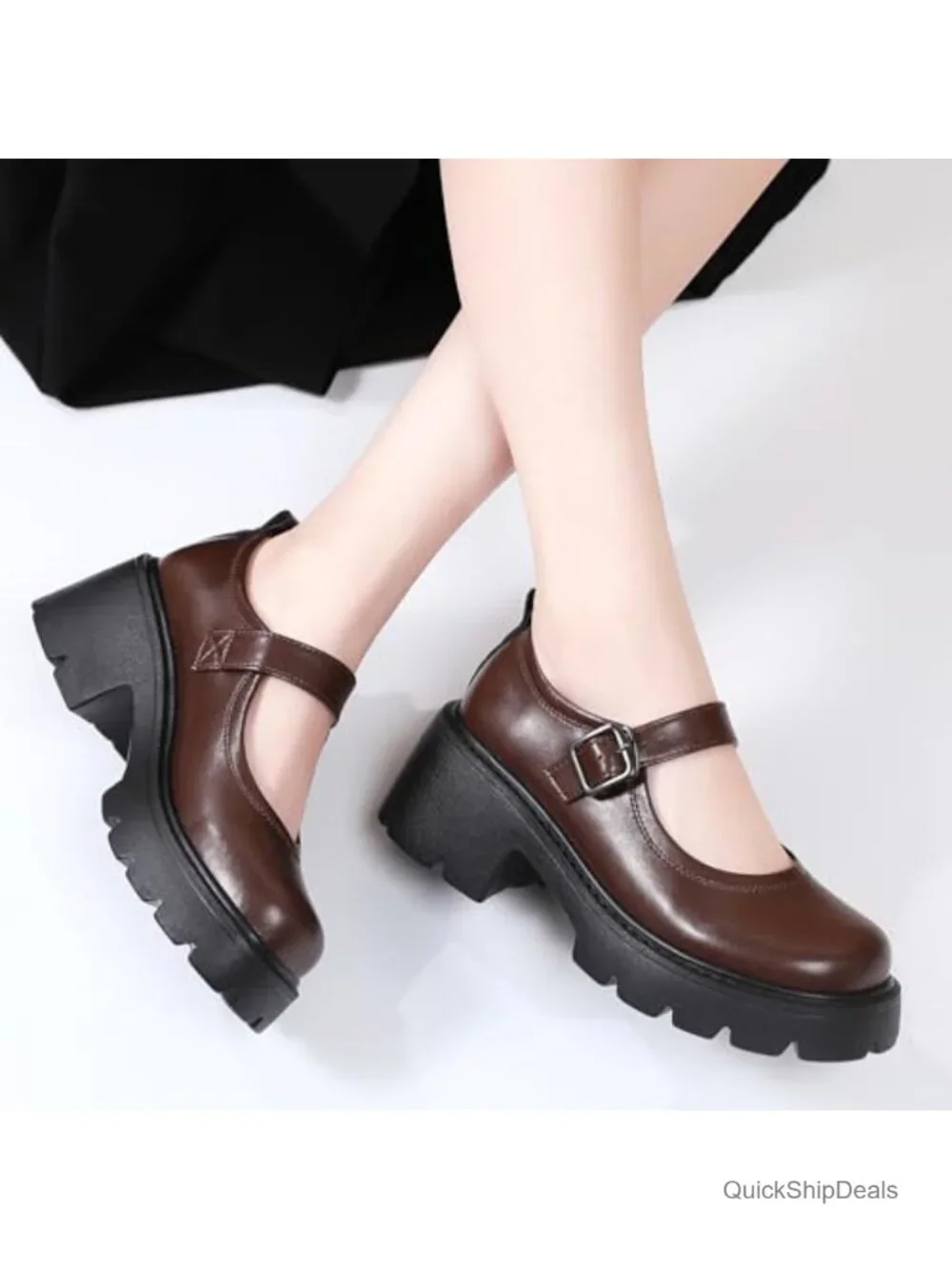 Women's Chunky Platform Mary Jane Pumps Leather Round Toe Block Heel